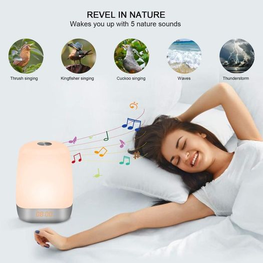 Wake Up Light, Sunvook Alarm Clock Colored Sunrise Simulation LED Digital Alarm Clock Touch Control Dimmable Bedside Lamp with 5 Natural Sounds Rechargeable, 3 Brightness Levels, 256 Color RGB Mode