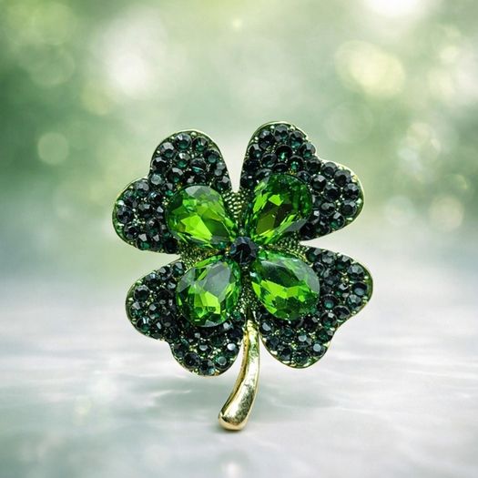Green Crystal Clover Brooch
