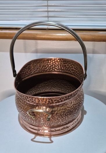 Vintage Hammered Copper Coal Scuttle  Log Bucket
