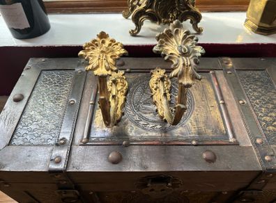 Rare Pair of Antique Ornate Rococo Style Cast Brass Trunk Pulls