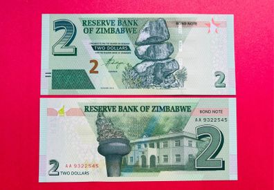 Zimbabwe 2 Dollars 2016  Verified Under Uv Light.  ( Uncirculated )