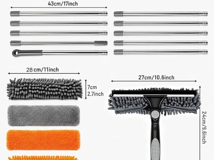 4.5M Window Cleaning Equipment, Window Squeegee Cleaner Kit with Extendable Pole, 2 in 1 Telescopic Long Cleaning Pole with Squeegee, 5 Microfiber Scrubber Pad for Home, Shower Glass, Car