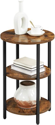 _Round 3 Tier Steel Side Table Easy Assembly for Living Room Bedroom Industrial Style Vintage Brown Black