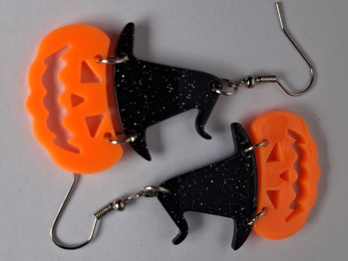 Glitter Witch Hat Jack O' Lantern Pumpkin Earrings