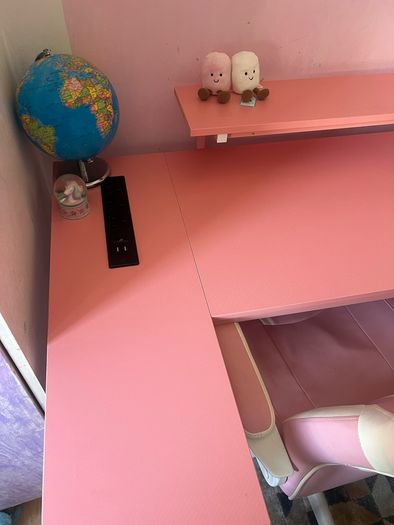 L Shaped Desk with Power Outlets & LED Lights & Pink Gaming Chair for Girls