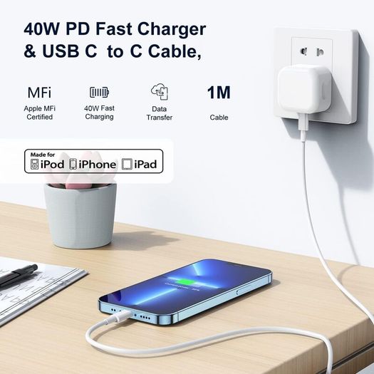 Fast Charger USB C for iPhone 17 16 15 Charger 40W 1M Apple Type C to C Charging Cable and Plug UK USBC Power Adapter Fast Charge for New i Phone Air/17 Pro Max/16e/16 Plus/16 Pro Max,Lead and Head