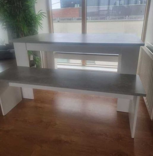 White and grey kitchen table with benches