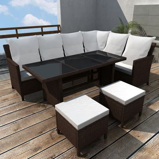 _Poly Rattan Garden Furniture 8 Seater Lounge Set Brown Dining Set