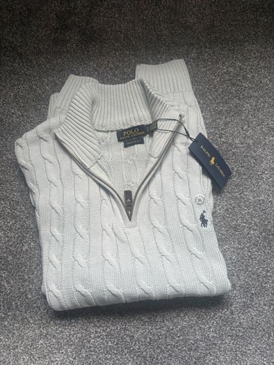 Ralph Lauren Light Grey Cable Knit Quarter Zip, Size XL Men's