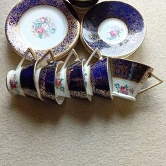 6 vintage pottery plates, saucers, 5 cups, 1 sugar bowl & jug