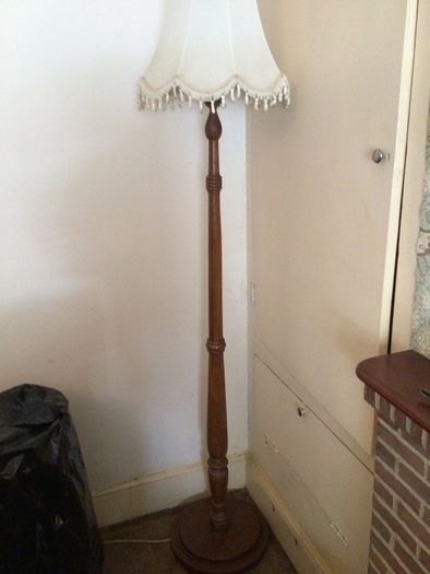 Vintage tall wooden floor lamp with shade