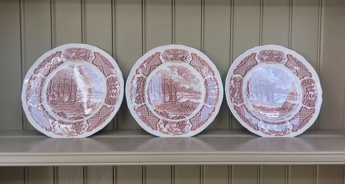 Vintage Set of Six Brown and White Fair Winds, Historical Scenes of Chinese Export to America - "The George Washington at Anchor" Salad Plates by Alfred Meakin