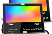 2 Pack Flood Lights Outdoor With Alexa 500W Equivalent 5000LM Bluetooth APP Control, Warm White+1600 Million RGB Colours,No WiFi No Hub,IP66 Waterproof UK 3-Plug