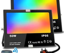 2 Pack Flood Lights Outdoor With Alexa 500W Equivalent 5000LM Bluetooth APP Control, Warm White+1600 Million RGB Colours,No WiFi No Hub,IP66 Waterproof UK 3-Plug