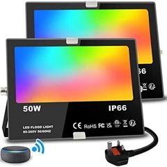 2 Pack Flood Lights Outdoor With Alexa 500W Equivalent 5000LM Bluetooth APP Control, Warm White+1600 Million RGB Colours,No WiFi No Hub,IP66 Waterproof UK 3-Plug