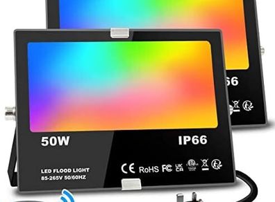 2 Pack Flood Lights Outdoor With Alexa 500W Equivalent 5000LM Bluetooth APP Control, Warm White+1600 Million RGB Colours,No WiFi No Hub,IP66 Waterproof UK 3-Plug