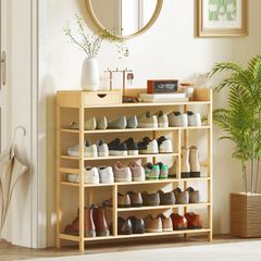shoe rack, 6-tier bamboo shoe stand with drawer, for up to 18 pairs of shoes