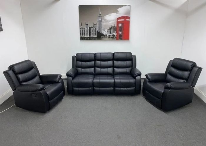 Roma Black Manual Leather Recliner Sofa Set