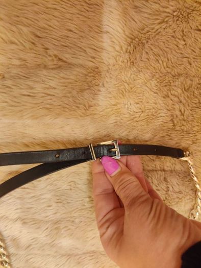 Vintage 90's Womens In Wear Italian Black Leather Silver tone Chain Belt Size L 32"