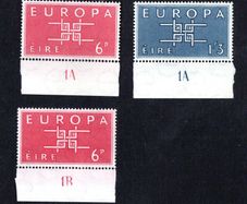 1963 Ireland Europa (CEPT) Commemorative Stamps with Plate Markings (6d 1A & 1B and 1s3d 1A)  Mint Never Hinged (MNH)