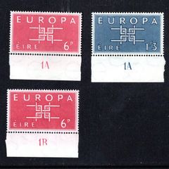 1963 Ireland Europa (CEPT) Commemorative Stamps with Plate Markings (6d 1A & 1B and 1s3d 1A)  Mint Never Hinged (MNH)