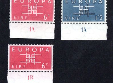 1963 Ireland Europa (CEPT) Commemorative Stamps with Plate Markings (6d 1A & 1B and 1s3d 1A)  Mint Never Hinged (MNH)