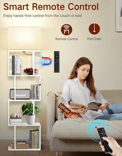 5-Tier Floor Lamp with Shelves & Remote, Dimmable S-Shaped Bookshelf with 3 Color Temperature, 1-Hour Timer, Tall Corner Standing Lamp for Living Room, Bedroom, Office White
