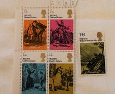 4 Charles Dickens and 1 William Wordsworth commemorative United Kingdom stamps from 1970, mint condition