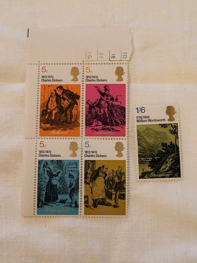 4 Charles Dickens and 1 William Wordsworth commemorative United Kingdom stamps from 1970, mint condition