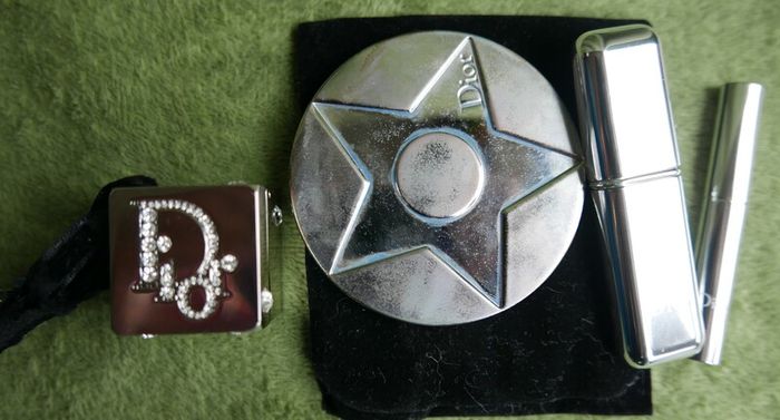 Christian Dior Play Swarovski Diamond Cube Lip Gloss Charm and CHRISTIAN DIOR Lucky Star makeup hand mirror compact brush