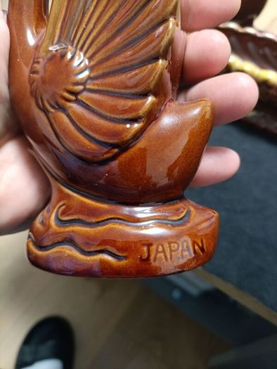 Redware 3 pc Matching Set 2 Swans Figurines 1 Planter Bowl Marked Japan Colorful