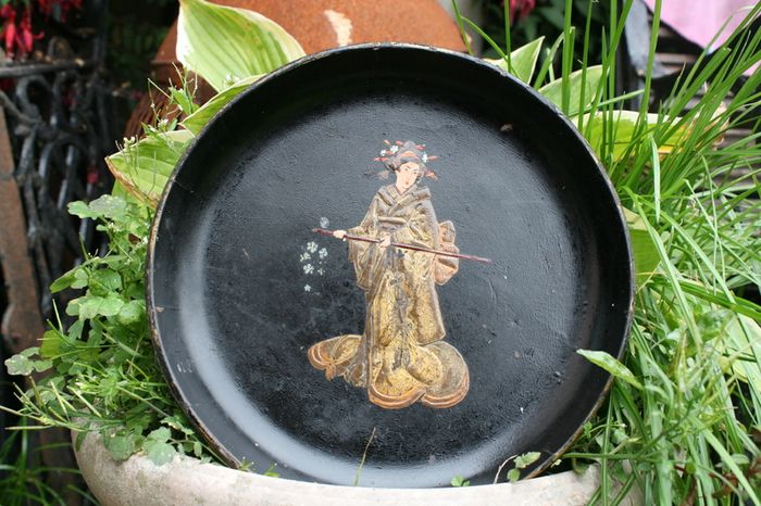 19th Century English Chinoiserie Papier Mache Wine Coaster Tray and Mid 19th Century English Victorian Period Papier Mache Tray with Mother-of-Pearl