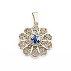 800 Silver Vintage Dutch Filigree Delfth Pendant