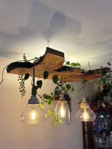 Custom-Made Rustic Wood & Glass Pendant Light