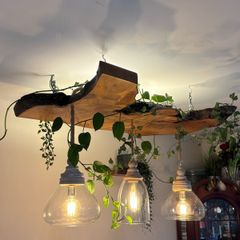 Custom-Made Rustic Wood & Glass Pendant Light
