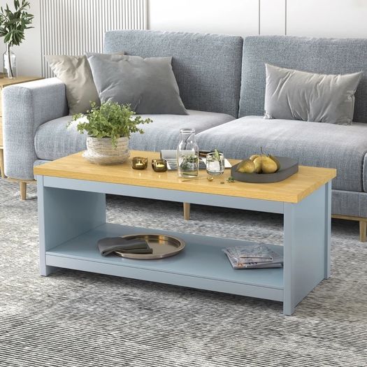 Coffee Table, 2-tier Centre Table with Storage Shelf and Wood Grain Tabletop, Rustic Living Room Table, Grey