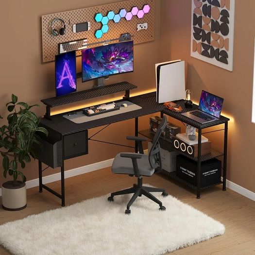 L Shaped Gaming Desk with LED Lights & Power Outlets, 120x80x70cm Reversible Corner Desk with Drawer Storage Bag & Monitor Stand, Carbon Fiber Black