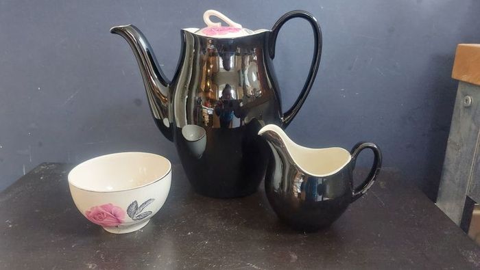 Stunning Vintage MCM 1950's Coffee Set for Six, Including Coffee Pot, by Johnson Bros, in Black and Cream with Pink Rose Detailing and Platinum Gilt Design