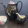 Stunning Vintage MCM 1950's Coffee Set for Six, Including Coffee Pot, by Johnson Bros, in Black and Cream with Pink Rose Detailing and Platinum Gilt Design Image 7