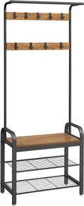 Coat Rack Stand, Free Standing Hall Tree, Coat Stand with Removable Hooks, Bench and Shoe Rack, Height 183 cm, Steel, Industrial, Rustic Walnut and Black HSR040B41