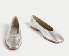 M&S Leather Square Toe Ballet Pumps Silver Metallic  Size 5.5