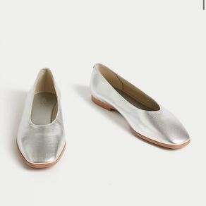 M&S Leather Square Toe Ballet Pumps Silver Metallic  Size 5.5