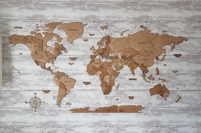 3D Classic Wooden World Map with Country Borders Country Names Capital Names US and Canada Borders and Names 3D Map Effect