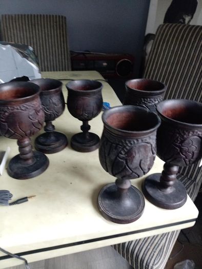 Set of 6 Hand-Carved African Wildlife Wooden Goblets  Vintage