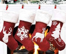 Large Christmas Stocking Set of 4, 18 Inch Red Christmas Stockings with Reindeer and Plush Faux Fur Cuff Hanging Stockings for Family Holiday Xmas Party Decorations