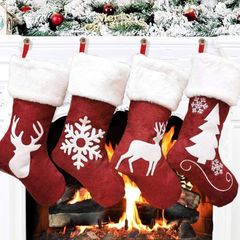 Large Christmas Stocking Set of 4, 18 Inch Red Christmas Stockings with Reindeer and Plush Faux Fur Cuff Hanging Stockings for Family Holiday Xmas Party Decorations