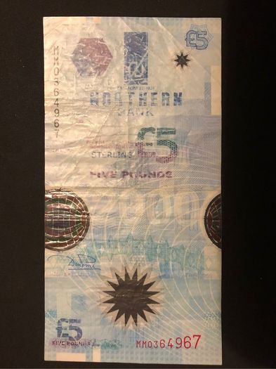 five pound sterling from Northern Bank 01.10.1999