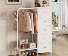 Small 5 Fabric Drawer Dresser with Clothes Rack Chest of Drawers with Hanging Rail Reversible Kids Wardrobe with Clothes Rack, Multifunctional Bedroom or Nursery Organiser (White)