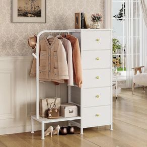 Small 5 Fabric Drawer Dresser with Clothes Rack Chest of Drawers with Hanging Rail Reversible Kids Wardrobe with Clothes Rack, Multifunctional Bedroom or Nursery Organiser (White)