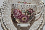 Vintage 22 KT Gold Overlay Chintz Fine Bone China Teacup Trio Set